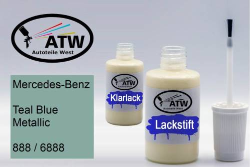 Mercedes-Benz, Teal Blue Metallic, 888 / 6888: 20ml Lackstift + 20ml Klarlack - Set, von ATW Autoteile West.